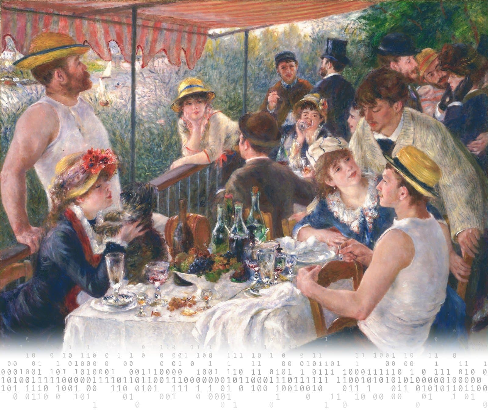 Renoir's Luncheon of the Boating Party, friends laughing over lunch on a sunlit riverside balcony. Below the tablecloth the painting fades to white, and a soft grey field of small ones and zeros rises in its place, densest in a short band and fading out again at the bottom edge.