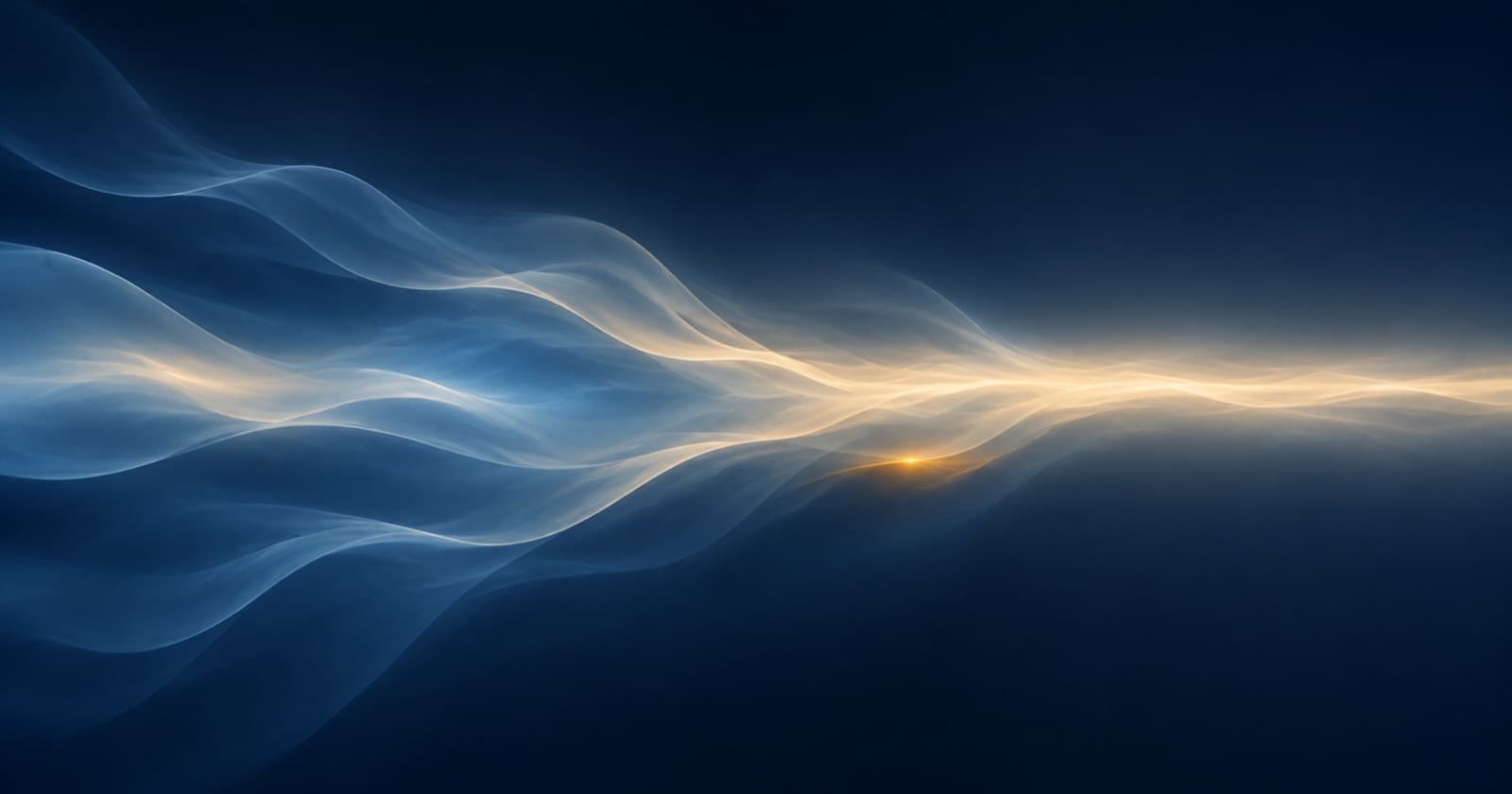 Abstract deep-navy field in which several separate movements of light synchronize into one continuous luminous current, with a small amber marker beside the point of transition.