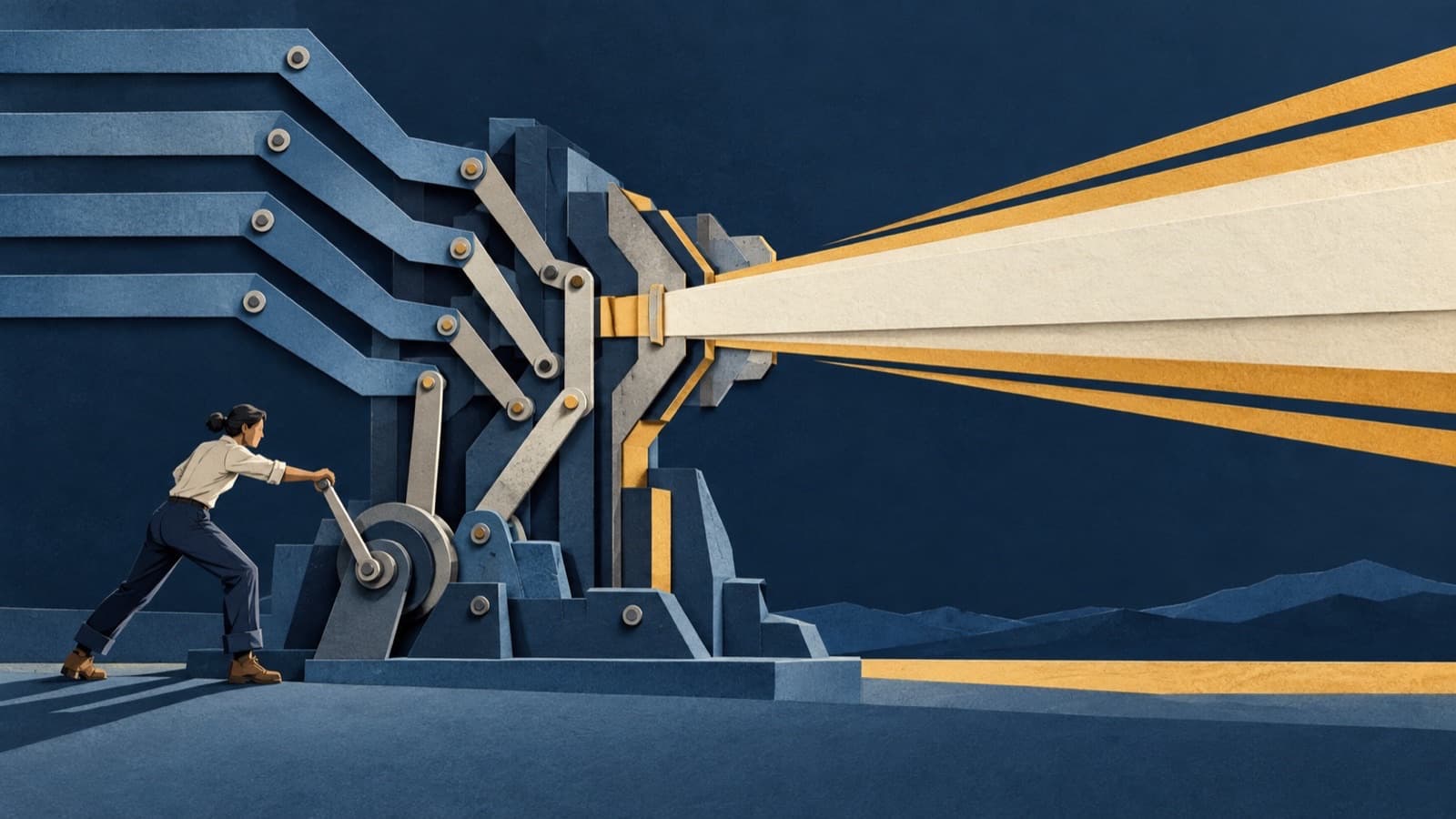 An adult operator adjusts a layered abstract machine, bringing its components into coordinated performance.