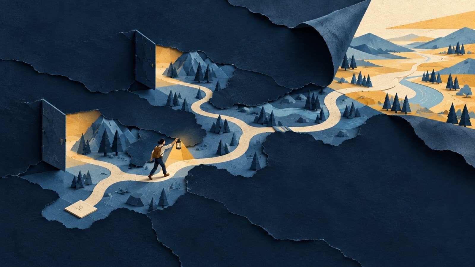 Cut-paper illustration in navy and amber: a dark map peels back as a small figure with a lantern walks a winding lit path from a starting tile, past two opened doors, toward a bright open landscape.