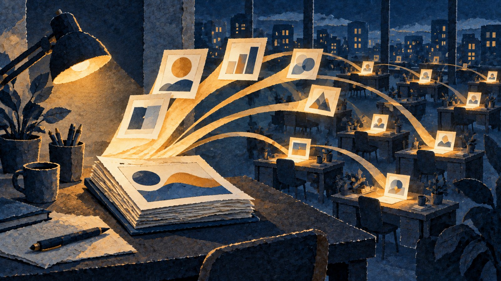 Cut-paper illustration at night: a printed presentation deck lies on a dark desk under a warm lamp, and a fan of glowing slides lifts from it and streams across a wide landscape of many small desks and windows, each slide landing as a small warm light.