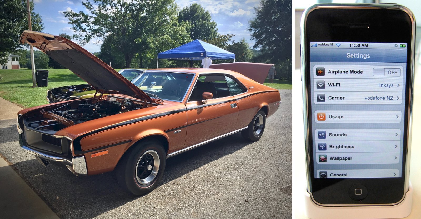 A side-by-side photographic composite: left, a bittersweet-orange 1970 AMC Javelin at a summer car show, hood raised; right, a first-generation iPhone standing in its white dock, showing the Settings screen.
