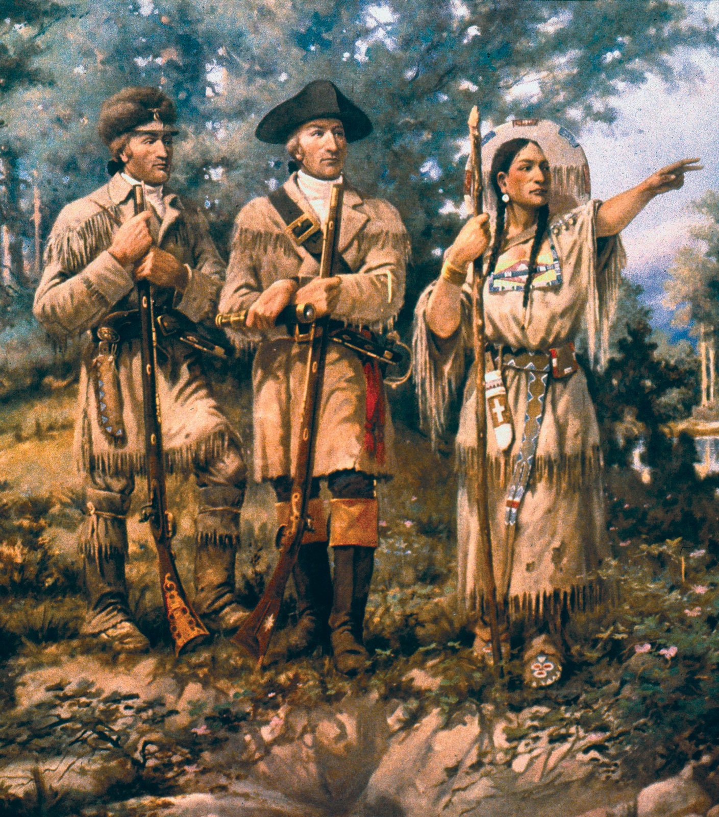 Detail of an oil painting: Meriwether Lewis and William Clark, in buckskins and holding long rifles, stand in a forest clearing beside Sacagawea, who wears a fringed dress and points ahead into the distance.
