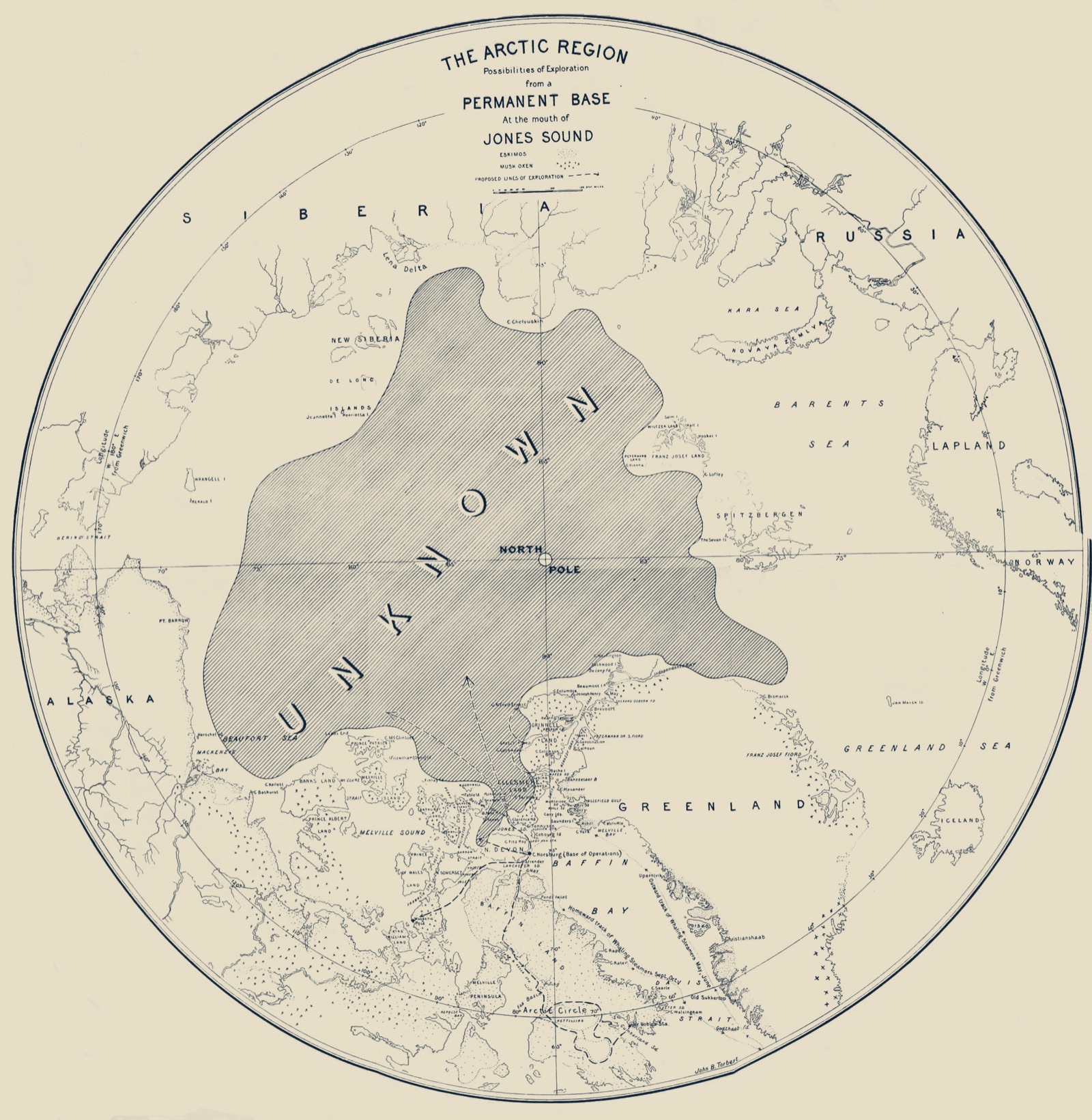 A circular 1896 map of the Arctic. A large hatched region around the North Pole is labelled UNKNOWN, surrounded by the mapped coasts of Siberia, Alaska, Greenland and Russia.