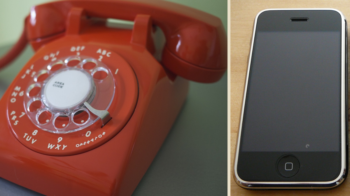 Two photographs side by side: on the left a glossy red rotary-dial desk phone; on the right an early iPhone, screen off.